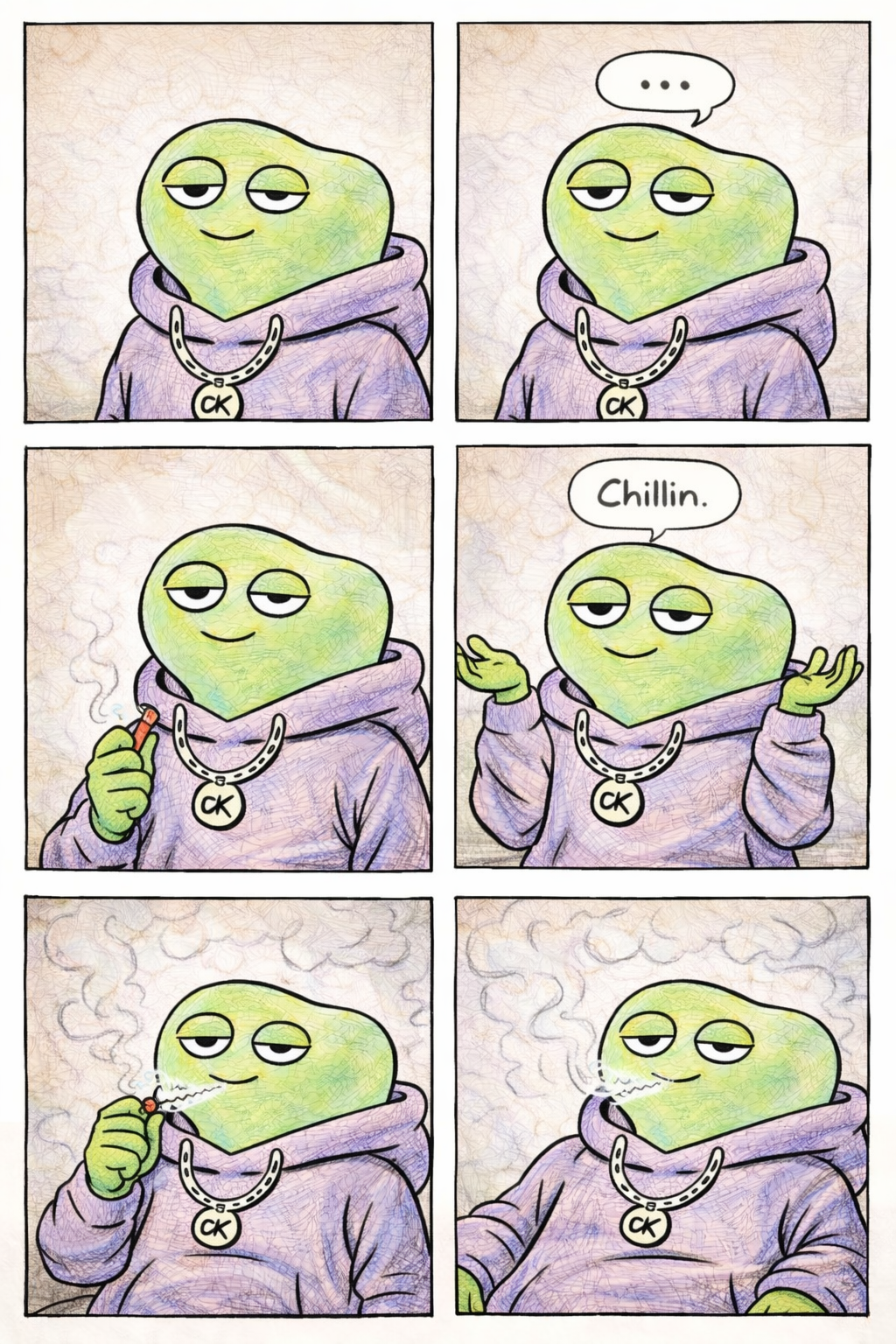 Six-panel comic strip of Chill Frog smoking and saying 'Chillin.'