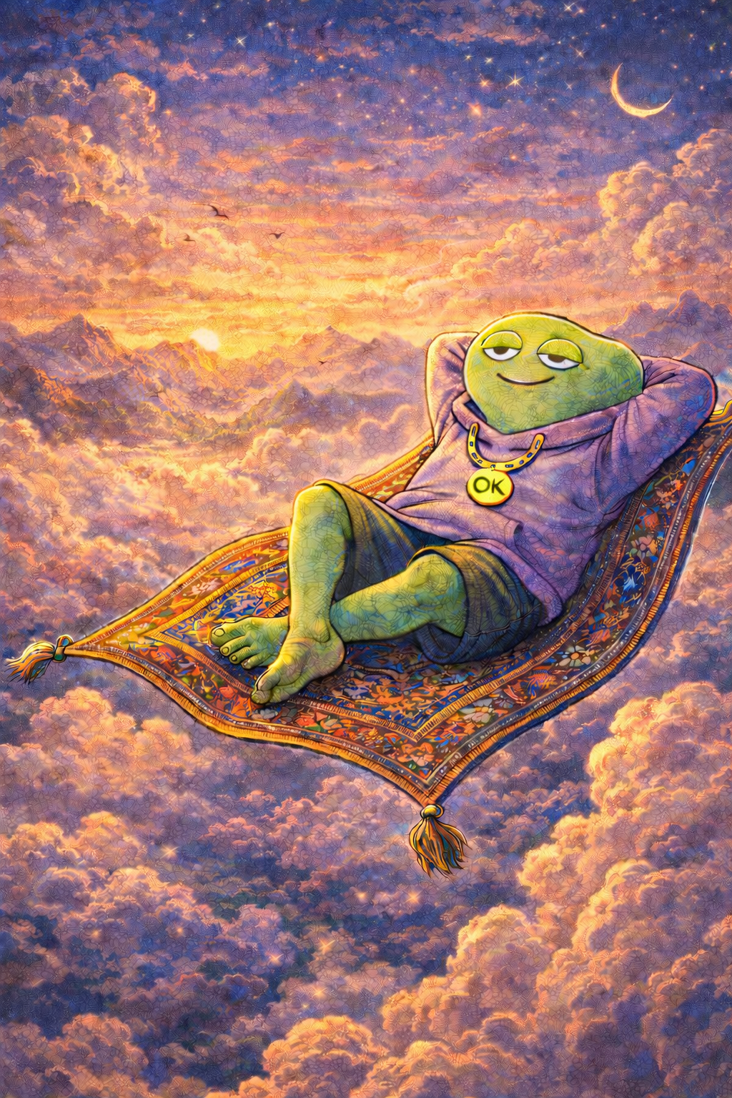Chill Frog reclining on a flying carpet above the clouds at sunset