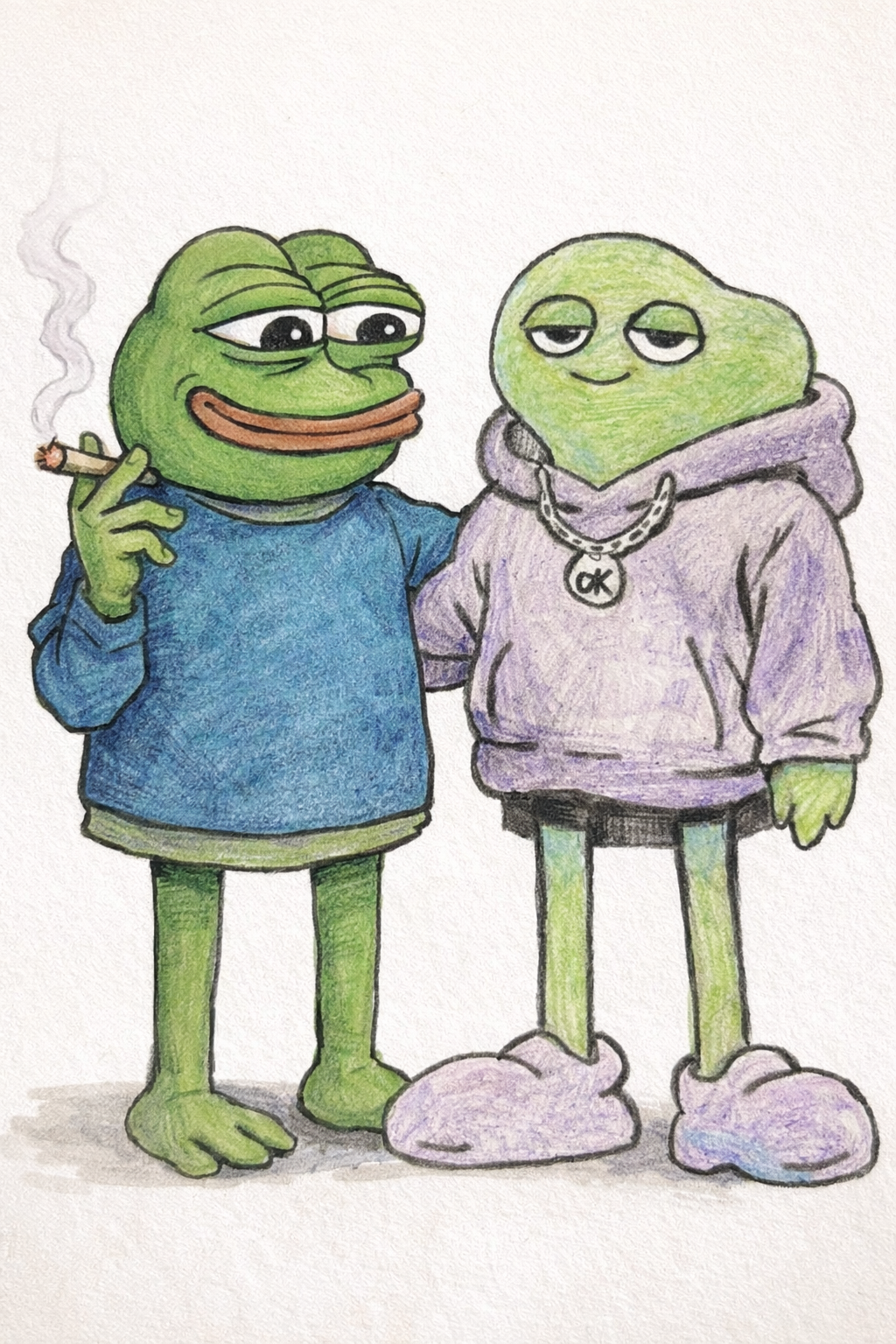 Hand-drawn artwork of Pepe standing next to Chill Frog