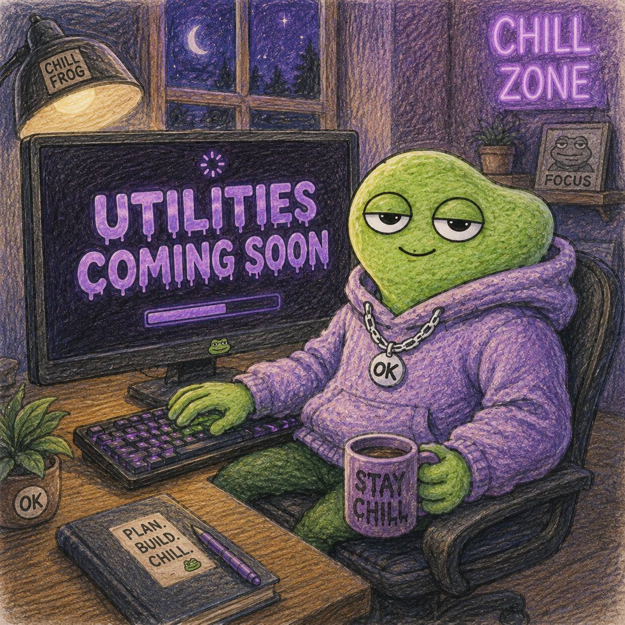 Chill Frog at his desk, computer screen reading 'Utilities Coming Soon'